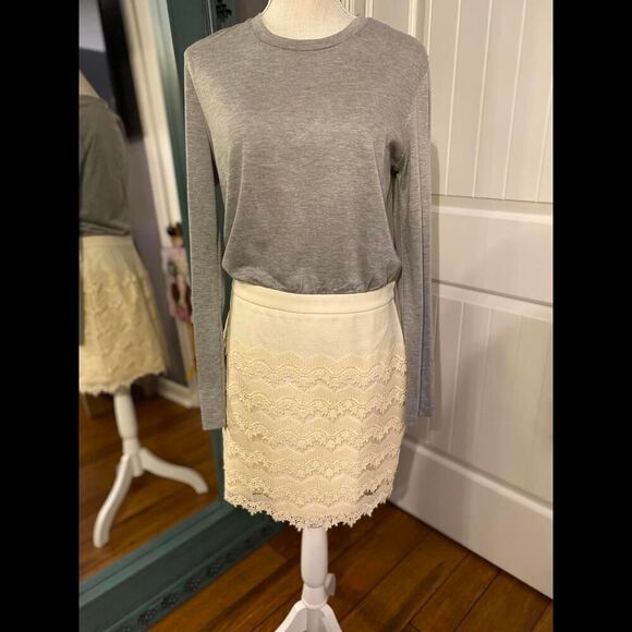 Chic Gray Long Sleeve Top with Cream Lace Skirt Set - Picture 1 of 7
